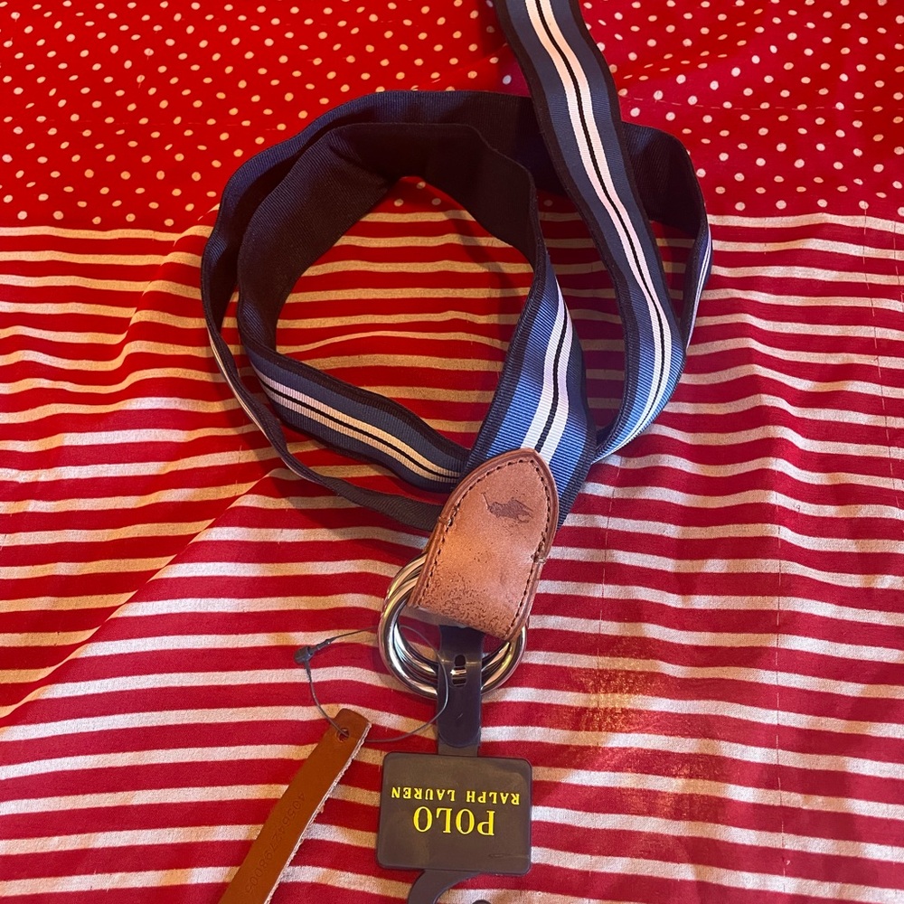 Polo Ralph Lauren blu/wht ribbon belt. 40” wdth 1 1/4. Silver buckle/brown lthr.